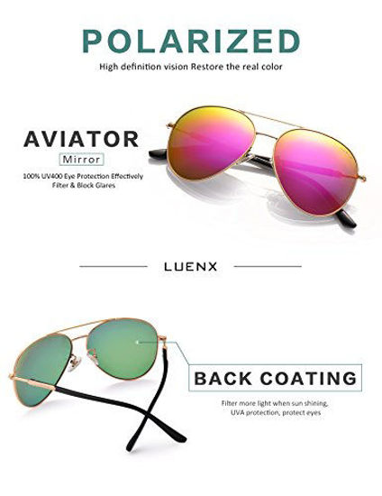 Picture of LUENX Aviator Sunglasses for Women Polarized Mirrored Rose Red Lens Gold Metal Frame Large 60mm