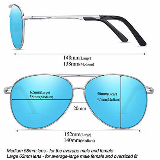 Polarized Aviator Sunglasses for Men Women Metal Frame 100% UV400 Protection Lens 58mm 
