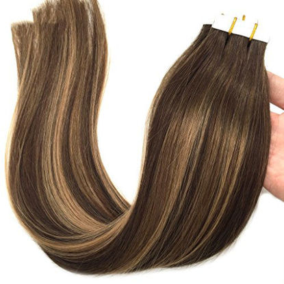 Picture of GOO GOO Remy Hair Extensions Tape in Human Hair Chocolate Brown to Caramel Blonde Balayage Straight Skin Weft Remy Tape in Human Hair Extensions 16 inch 20pcs 50g