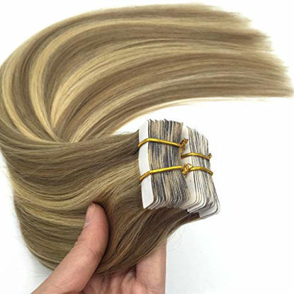 Picture of GOO GOO 24inch 50g 20pcs Tape in Human Hair Extensions Ombre Light Blonde Mixed Golden Blonde Remy Hair Extensions Tape in Straight Hair