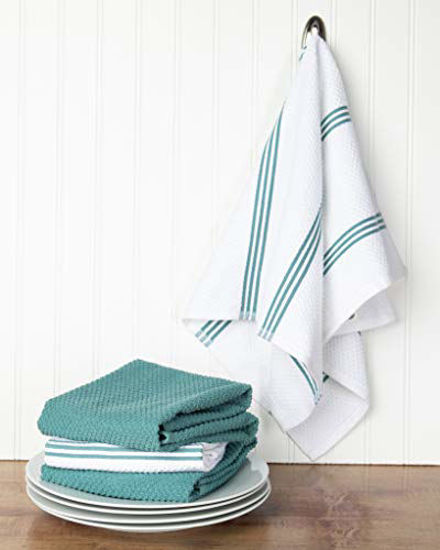 GetUSCart- Sticky Toffee Cotton Terry Kitchen Dish Towel, 4 Pack, 28 in x  16 in, Turquoise Stripe