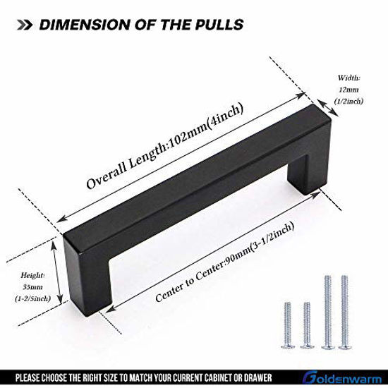 Picture of 2Pack Goldenwarm Black Square Bar Cabinet Pull Drawer Handle Stainless Steel Modern Hardware for Kitchen and Bathroom Cabinets Cupboard,Center to Center 3-1/2in (90mm) Square Bar Cabinet Pull