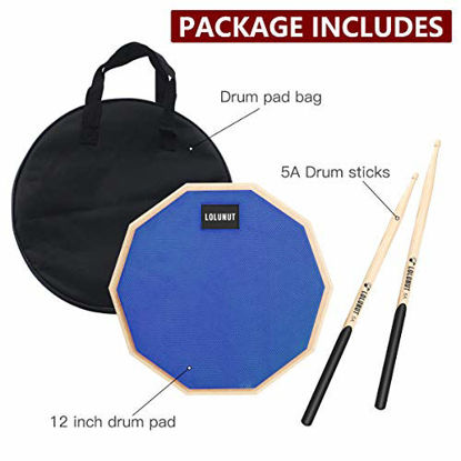 Picture of LOLUNUT 12 Inch Silent Drum Pad, Dumb Drum Beginner Rubber Practice Pad, with 5A Drum Sticks &Storage Bag (Blue)