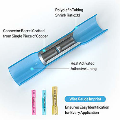Picture of TICONN 100pcs Heat Shrink Butt Connectors Kit, Insulated Waterproof Electrical Marine Automotive Wire Crimp Terminals, Butt Splice (3 Colors / 3 Sizes) (100PCS)