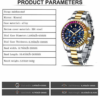 Picture of Mens Watches Chronograph Diamond Gold Blue Stainless Steel Waterproof Date Analog Quartz Watch Business Casual Fashion Wrist Watches for Men