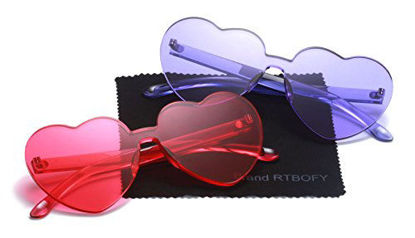 Picture of One Piece Heart Shaped Rimless Sunglasses Transparent Candy Color Eyewear(Pink+Purple)