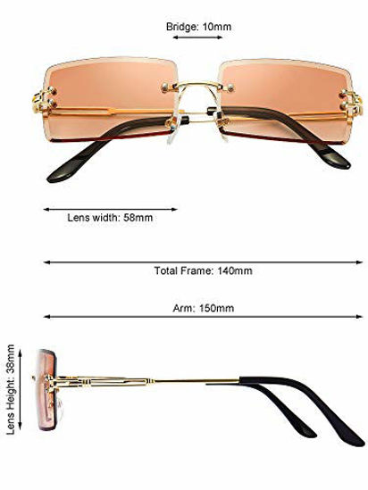 Picture of 3 Pairs Rimless Rectangle Sunglasses Tinted Frameless Eyewear Vintage Transparent Rectangle Glasses for Women Men (Grey, Tea and Pink)