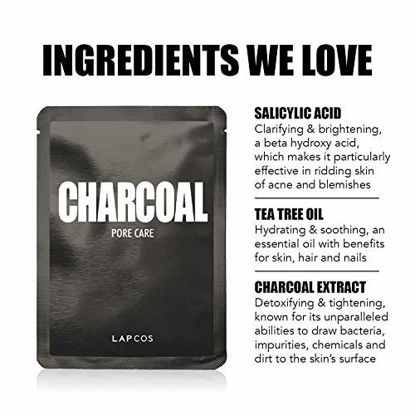 Picture of LAPCOS Charcoal Sheet Mask, Daily Face Mask with Salicylic Acid and Tea Tree Oil to Detoxify and Tighten Skin, Korean Beauty Favorite, 5-Pack