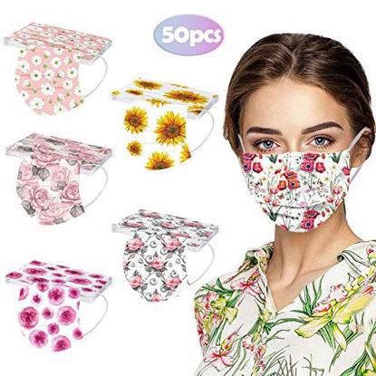 Picture of CHENSEN Adults Disposable Face Mask 50Pack 3Ply Floral Cute Protective Breathable Earloop Holiday Masks For Women Men