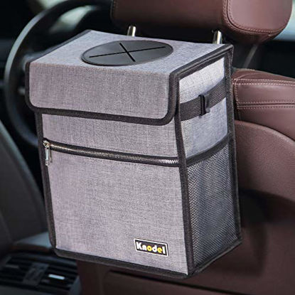 Picture of Knodel Car Trash Can with Lid, Leak-Proof Car Garbage Can with Storage Pockets, Waterproof Auto Garbage Bag Hanging for Headrest (Large, Gray)