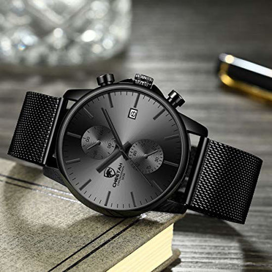 Picture of Mens Watch Fashion Sport Quartz Analog Mesh Stainless Steel Waterproof Chronograph Watches, Auto Date in Grey Hands, Color: Black