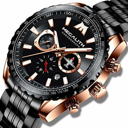 Picture of MEGALITH Mens Watches with Stainless Steel Waterproof Analog Quartz Fashion Business Chronograph Black Watch for Men, Auto Date