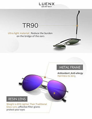Picture of LUENX Aviator Sunglasses Womens Mens Polarized Mirror Purple Lens Silver Metal Frame Large 60mm