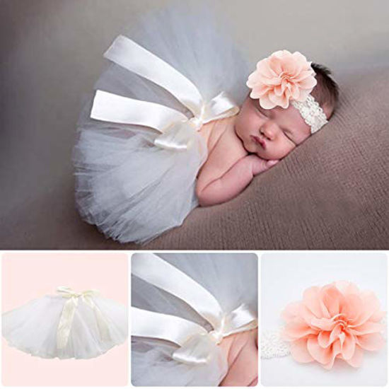 Picture of 4 PCS Newborn Photography Props Outfits-BabyTutu Skirt Cute Bow Headdress and Lace Rompers Flower Headband Sets for Infants Girl Boy (PH227-C)