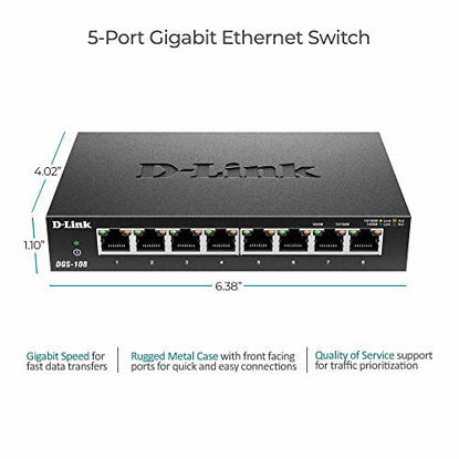 Picture of D-Link Ethernet Switch, 8 Port Gigabit Unmanaged Metal Fanless Desktop or Wall Mount Design (DGS-108) , Black