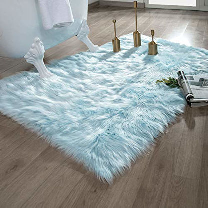 Picture of Ashler Soft Faux Rectangle Fur Chair Couch Cover Light Blue Area Rug for Bedroom Floor Sofa Living Room Rectangle 3 x 5 Feet