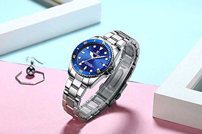 Picture of Women's Classic Fashion Silver Stainless Steel Watches Waterproof Date Luminous Lady Dress Wrist Watch (Blue)