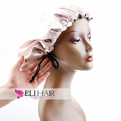 Picture of ELIHAIR Stain Bonnet Silky Sleep Cap Adjustable Satin Cap for Night Sleeping Hair Bonnet Reversible Double Layer Rose/Beige