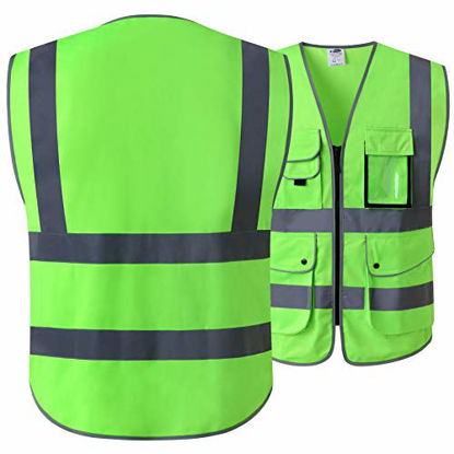 Picture of JKSafety 9 Pockets Class 2 High Visibility Zipper Front Safety Vest With Reflective Strips, Meets ANSI/ISEA Standards (X-Large, Green)