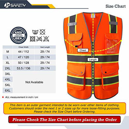 Picture of JKSafety 9 Pockets High Visibility Zipper Front Safety Vest | Orange with Dual Tone High Reflective Strips | Meets ANSI/ISEA Standards (Orange Yellow Strips, XX-Large)