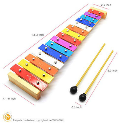 Picture of CELEMOON Natural Wooden Toddler Xylophone Glockenspiel For Kids with Multi-Colored Metal Bars Included Two Sets of Child-Safe Wooden Mallets (15-tone)