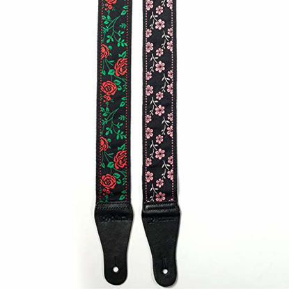 Picture of KLIQ Vintage Woven Guitar Strap for Acoustic and Electric Guitars + 2 Free Rubber Strap Locks, 2 Free Guitar Picks and 1 Free Lace | '60s Jacquard Weave Hootenanny Style | Pink Wildflower
