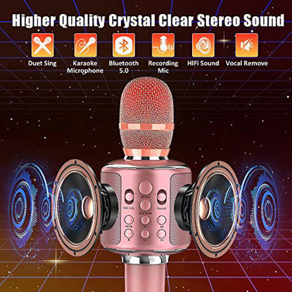 Picture of Wireless Bluetooth Karaoke Microphone Rose Gold with Solo/Duet Karaoke Mics, 4 in 1 Portable Handheld Karaoke Mic Speaker Machine, Christmas Birthday Home Party for Android/iPhone/PC or All Smartphone