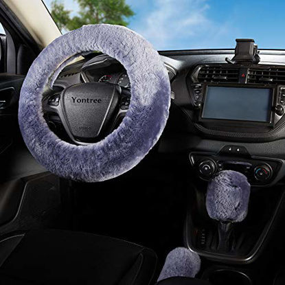 Picture of Yontree Fashion Fluffy Steering Wheel Covers for Women/Girls/Ladies Australia Pure Wool 15 Inch 1 Set 3 Pcs (Gray)