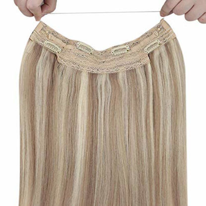 Picture of Sunny Blonde Halo Human Hair Extensions No Glue Wire Extensions Remy Hair Color #18/613 Ash Blonde Mixed Bleach Blonde Invisible Wire 12 inch 80g/pack