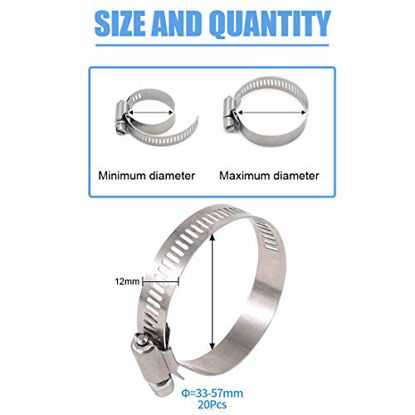 Picture of Glarks 20Pcs 304 Stainless Steel Adjustable 33-57MM Range Worm Gear Hose Clamps Assortment Kit, Fuel Line Clamp for Water Pipe, Plumbing, Automotive and Mechanical Application (33-57MM)