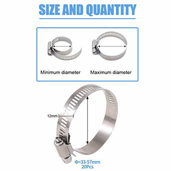 Picture of Glarks 20Pcs 304 Stainless Steel Adjustable 33-57MM Range Worm Gear Hose Clamps Assortment Kit, Fuel Line Clamp for Water Pipe, Plumbing, Automotive and Mechanical Application (33-57MM)