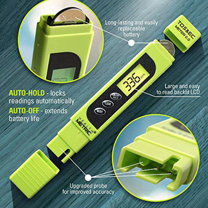 Picture of TDS Meter Digital Water Tester - ppm Meter, EC & Temperature Test Pen 3-in-1 | Easy to Use Water Quality Tester | Ideal for Testing RO Drinking Water Hydroponics Aquarium Swimming Pool & More | Green