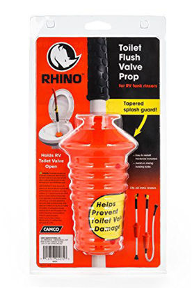 Picture of Camco 40075 Rhino Toilet Flush Valve Prop -Fits Onto Tank Rinser To Hold RV Toilet Valve Open For Cleaning, Prevents Toilet Valve Damage During Cleaning and Minimizes Splashing, Red, Standard