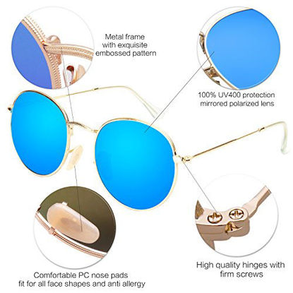 Picture of SOJOS Small Round Polarized Sunglasses for Women Men Classic Vintage Retro Frame UV Protection SJ1014 with Gold Frame/Blue Mirrored Lens