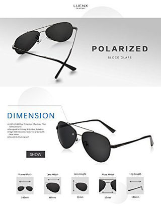 Picture of LUENX Men Aviator Sunglasses Polarized Womens Mirror Blue Lens Metal Black Frame with case