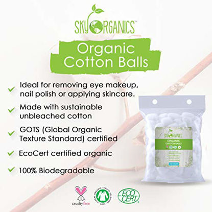 Picture of Cotton Balls Organic by Sky Organics (300 ct. 3x100), Fragrance & Chlorine-Free Cotton Balls, 100% Biodegradable Jumbo Absorbent Jumbo Cotton Balls, Cruelty-Free Cotton for Nail & Make-up Removal