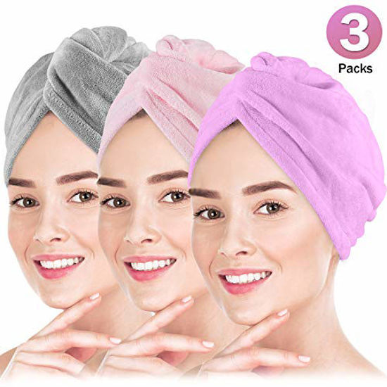 Picture of Microfiber Hair Towel Wrap POPCHOSE 3 Pack Ultra Absorbent, Fast Drying Hair Turban Soft, Anti Frizz Hair Wrap Towels for Women Wet Hair, Curly, Longer, Thicker Hair Gray, Pink, Purple