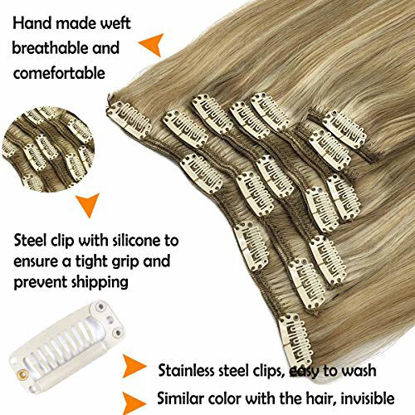 Picture of GOO GOO Hair Extensions Clip in Human Hair 16 Inch Ombre Light Blonde Highlighted Golden Blonde Color Clip in Hair Extensions Remy Human Hair Extensions Silky Straight 7pcs 120g