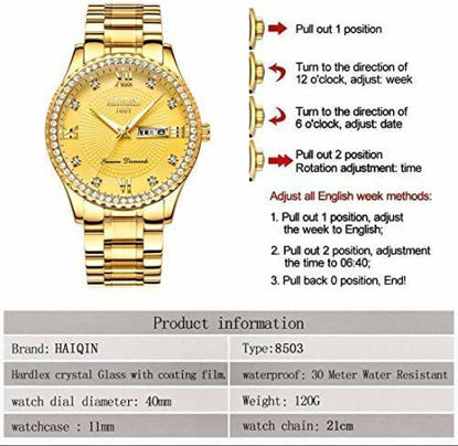 Picture of Mens Classic Diamond Gold Watches for Men Stainless Steel Waterproof Dress Watch Man Quartz Analog Wristwatch Luminous Clock