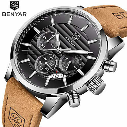 Picture of BENYAR Chronograph Waterproof Watches Business and Sport Design Black Leather Band Strap Wrist Watch for Men (Brown Silver Black B)