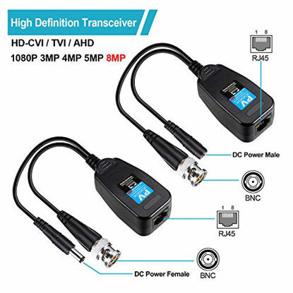 Picture of Passive Video Power Balun 8MP BNC DC to RJ45 Network Transceiver Cat5/Cat6 Adapter AHD/TVI/CVI/CVBS for Full HD CCTV DVR Security Surveillance Camera System 5 Pairs