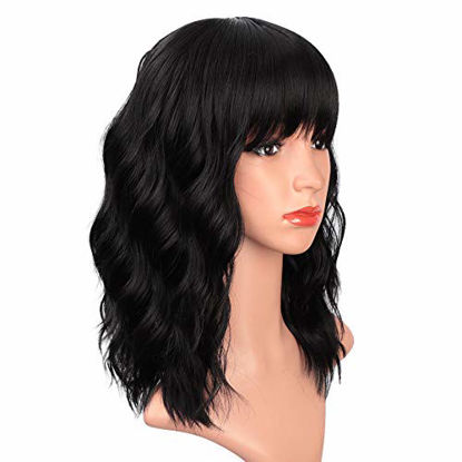 Picture of ENTRANCED STYLES Black Wigs with Bangs for Women 14 Inches Synthetic Curly Bob Wig for Girl Natural Looking Wavy Wigs