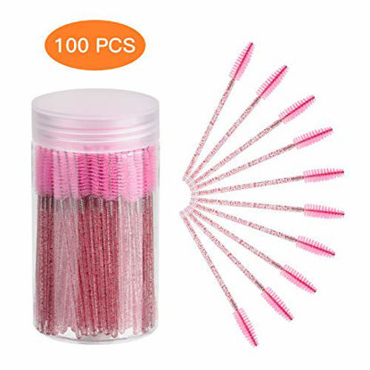 Picture of ChefBee 100PCS Disposable Eyelash Brush, Mascara Wands Makeup Brushes Applicators Kits for Eyelash Extensions and Eyebrow Brush with Container (Crystal Pink)