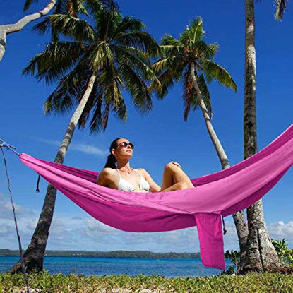 Picture of Kootek Camping Hammock Double & Single Portable Hammocks with 2 Tree Straps, Lightweight Nylon Parachute Hammocks for Backpacking, Travel, Beach, Backyard, Patio, Hiking (Violet & Pink, Large)