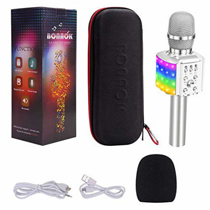 Picture of BONAOK Bluetooth Karaoke Wireless Microphone with controllable LED Lights, 4 in 1 Portable Karaoke Machine Speaker for Android/iPhone/PC (Silver)