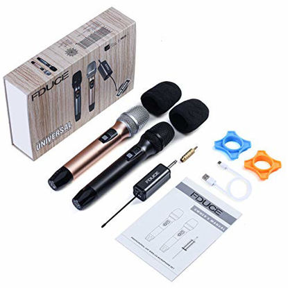 Picture of Wireless Microphone, Karaoke Mic, FDUCE UHF Dual Handheld Dynamic System with Rechargeable Receiver for Party, Church, Meeting, Wedding, 260ft (Grey and Gold)