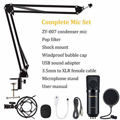 Picture of ZINGYOU Condenser Microphone Computer Mic Kit ZY-007 Professional Studio Recording Bundle for Streaming Gaming Broadcasting Singing Videos with Arm Stand Shock Mount Pop Filter and Sound Adapter