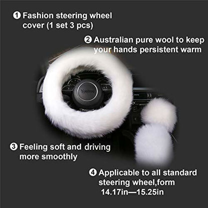 Picture of Yontree Fashion Fluffy Steering Wheel Covers for Women/Girls/Ladies Australia Pure Wool 15 Inch 1 Set 3 Pcs (White)