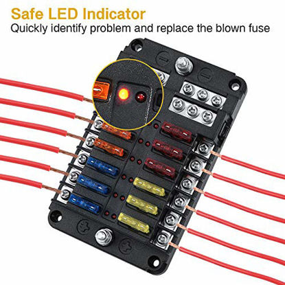 Picture of Kohree 12-Way 12V Blade Fuse Block, 12 Volt Automotive Fuse Box Holder Waterproof with Negative Bus 5A 10A 15A 20A Fuse Panel LED Indicator for Auto, RV, Car, Boat, Marine, Truck