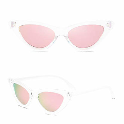 Picture of SOJOS Retro Vintage Narrow Cat Eye Sunglasses for Women Clout Goggles Plastic Frame Cardi B SJ2044 with Transparent Frame/Pink Mirrored Lens